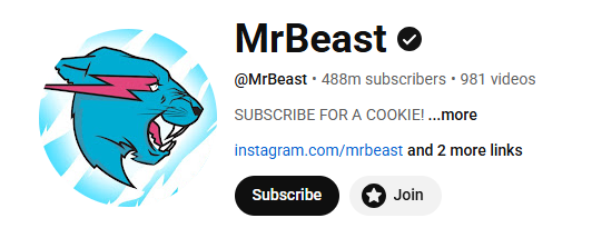 Example of a verified YouTube channel(Mr. Beast) with a gray checkmark badge next to the channel name.
