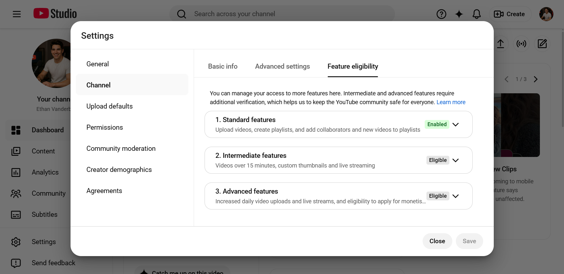 YouTube Studio Feature Eligibility settings screen showing the verify phone number option.